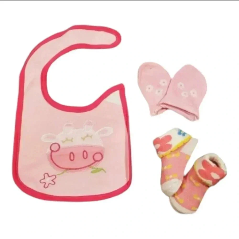 Baby Girl Gift Set Happy Cow Bib, Mittens, and Sock Gift Set with Organza Bag